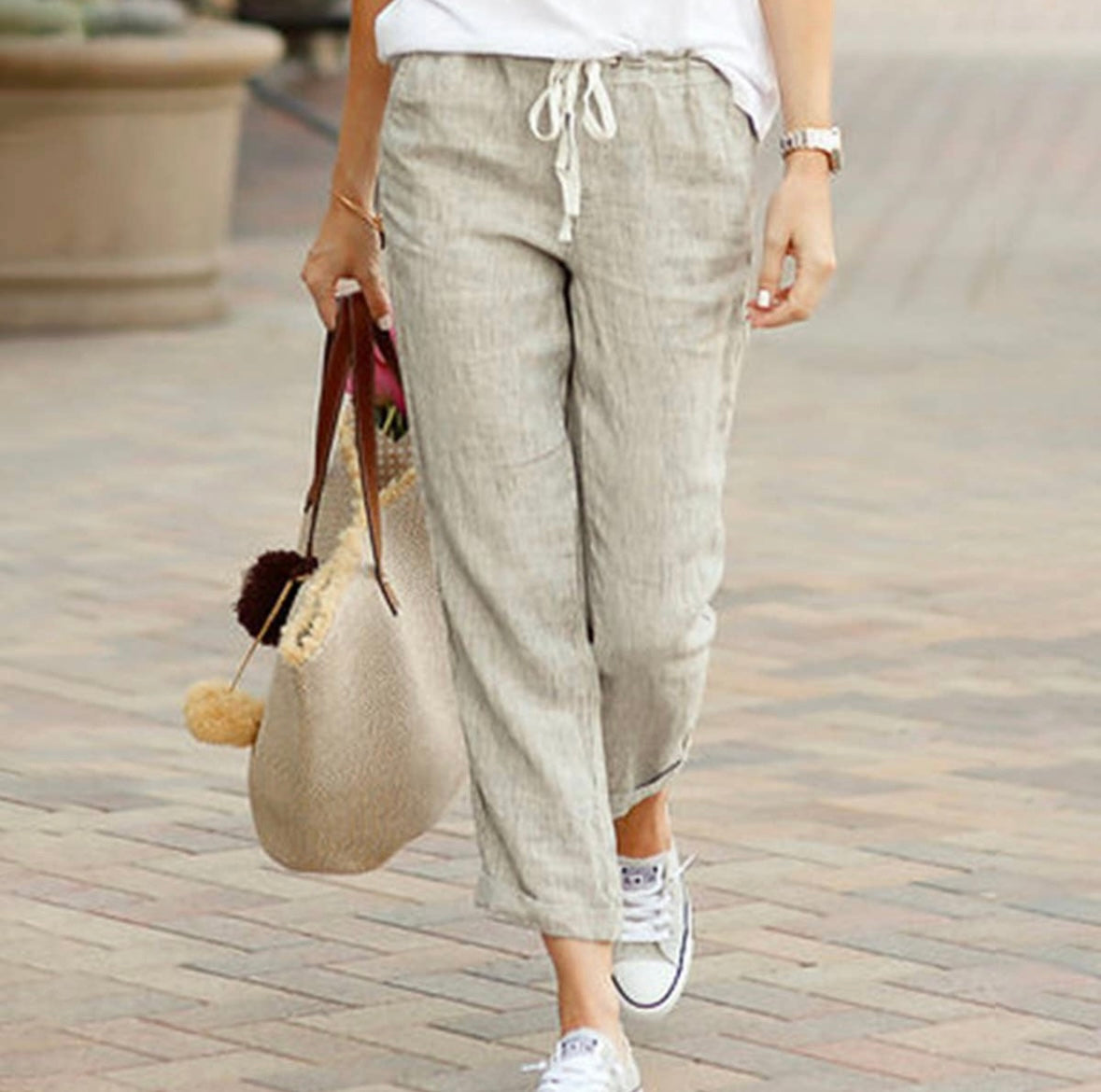 CASUAL DRAWSTRING ELASTIC WAIST COTTON PANTS