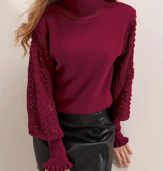 HALF TURTLE NECK LACE SLEEVE DETAILED SWEATER